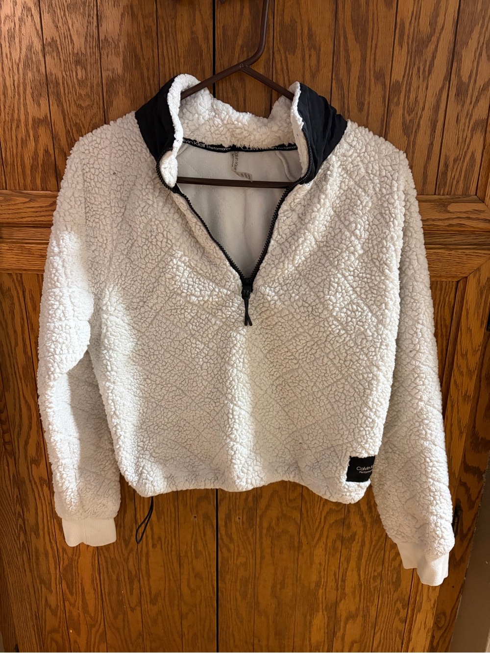 Calvin Klein White Sherpa Half-Zip Jacket with Black Trim
